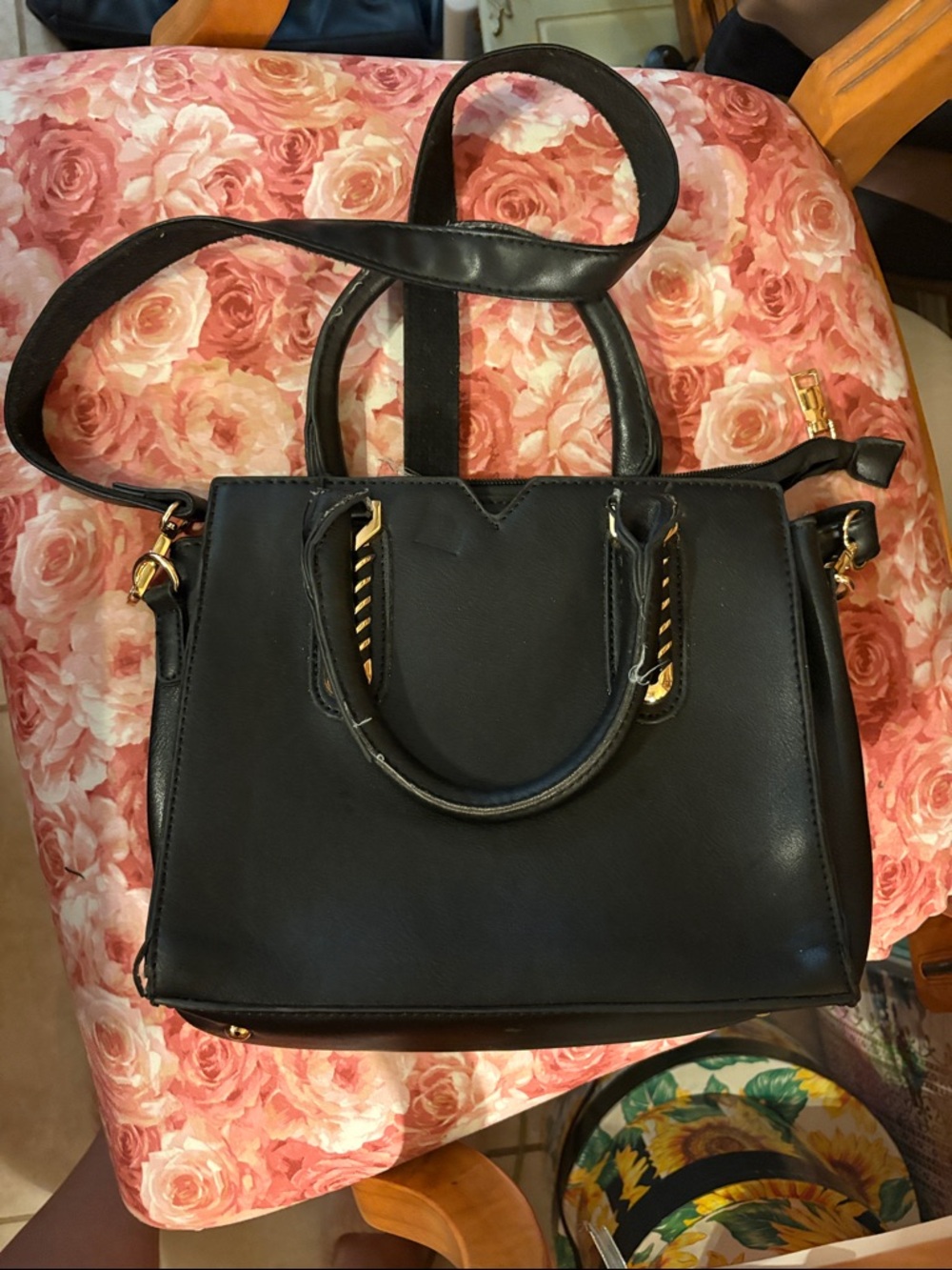 Black Leather Satchel Handbag with Gold Accents